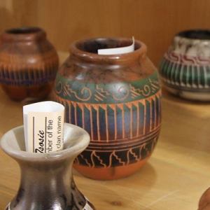 An artistic pot on display at White Sands Trading Company